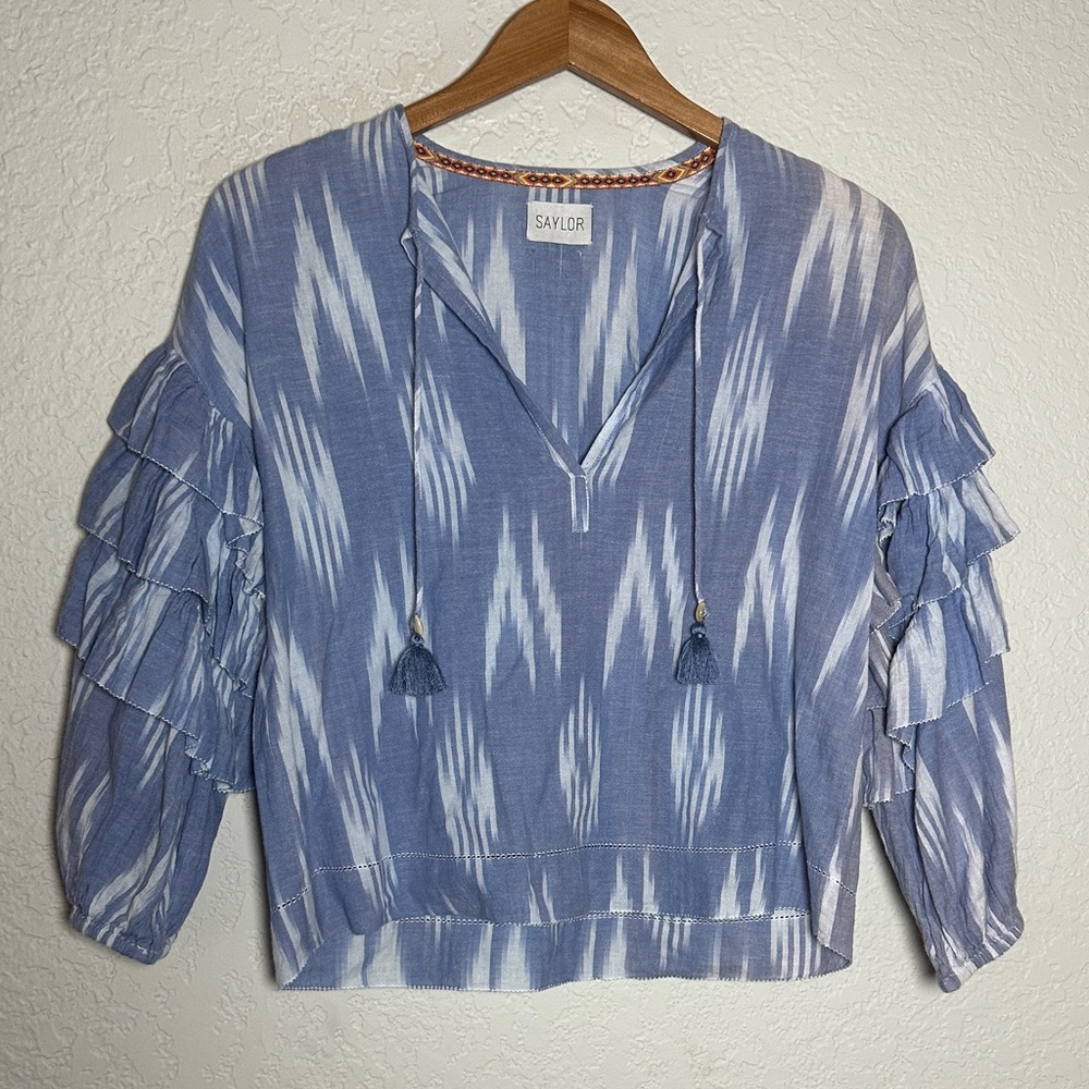 SAYLOR Blue Ikat Ruffle Blouse Cotton Summer Vacation Resortwear Tassels Medium